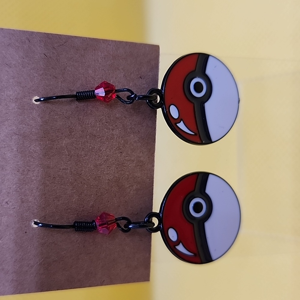 Cute Cartoon Red and White Poké Ball Dangle Earrings Red Crystal Beads NEW NWT
